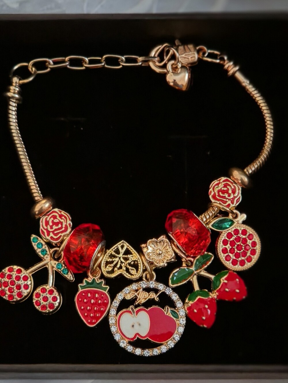 Gold-Tone Red Fruit Charm Bracelet - Women Jewelry
